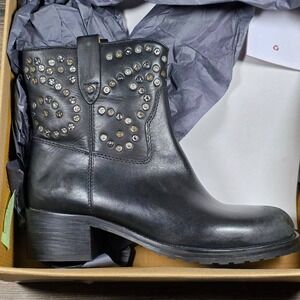 Womens‎ Studded Ankle Boots Black Leather Block Heel Western Motorcycle Booties